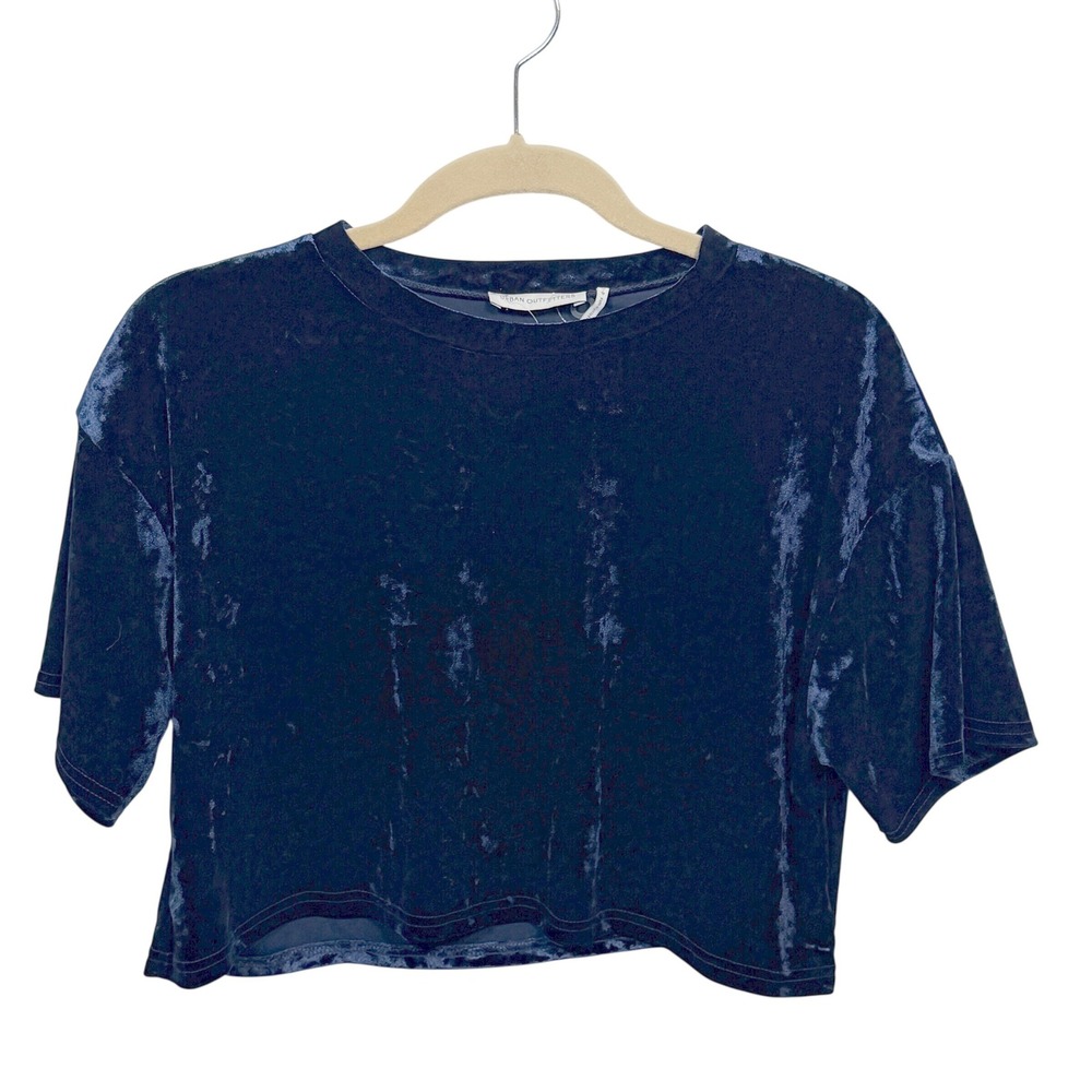 Urban Outfitters Velvet Crop Top Womens Small Navy Blue Short Sleeve Boxy Tee